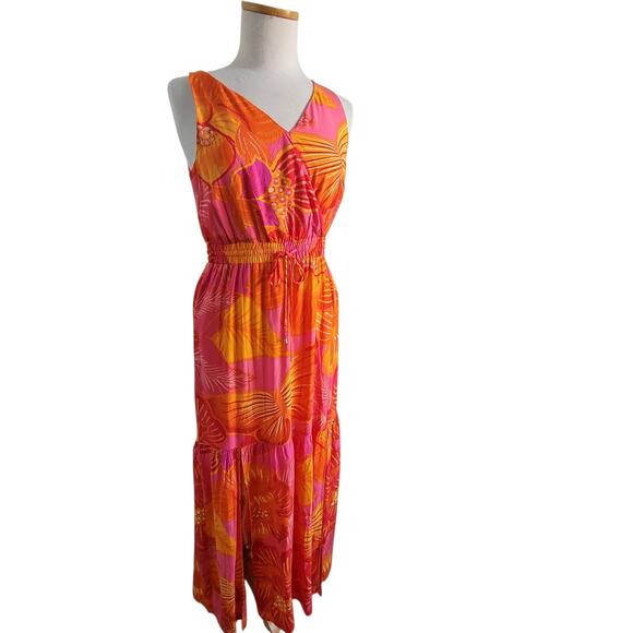 Rachel Zoe Tropical Print Butterfly Orange Pink Maxi Dress SM Vacaycore Boho - Picture 2 of 12